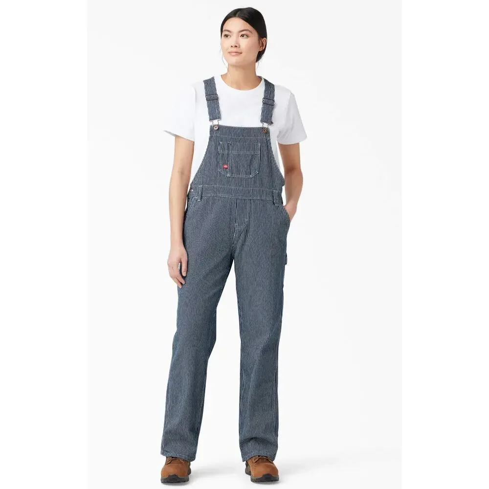 Women's Relaxed Fit Bib Denim Overalls White/Blue Striped; Small
